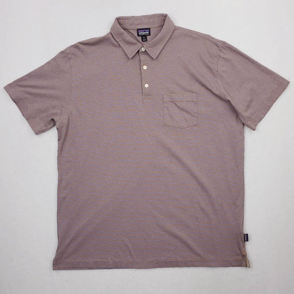 Patagonia Shirt Mens Extra Large Blue Orange Striped Squeaky Cleaned Polo Preppy